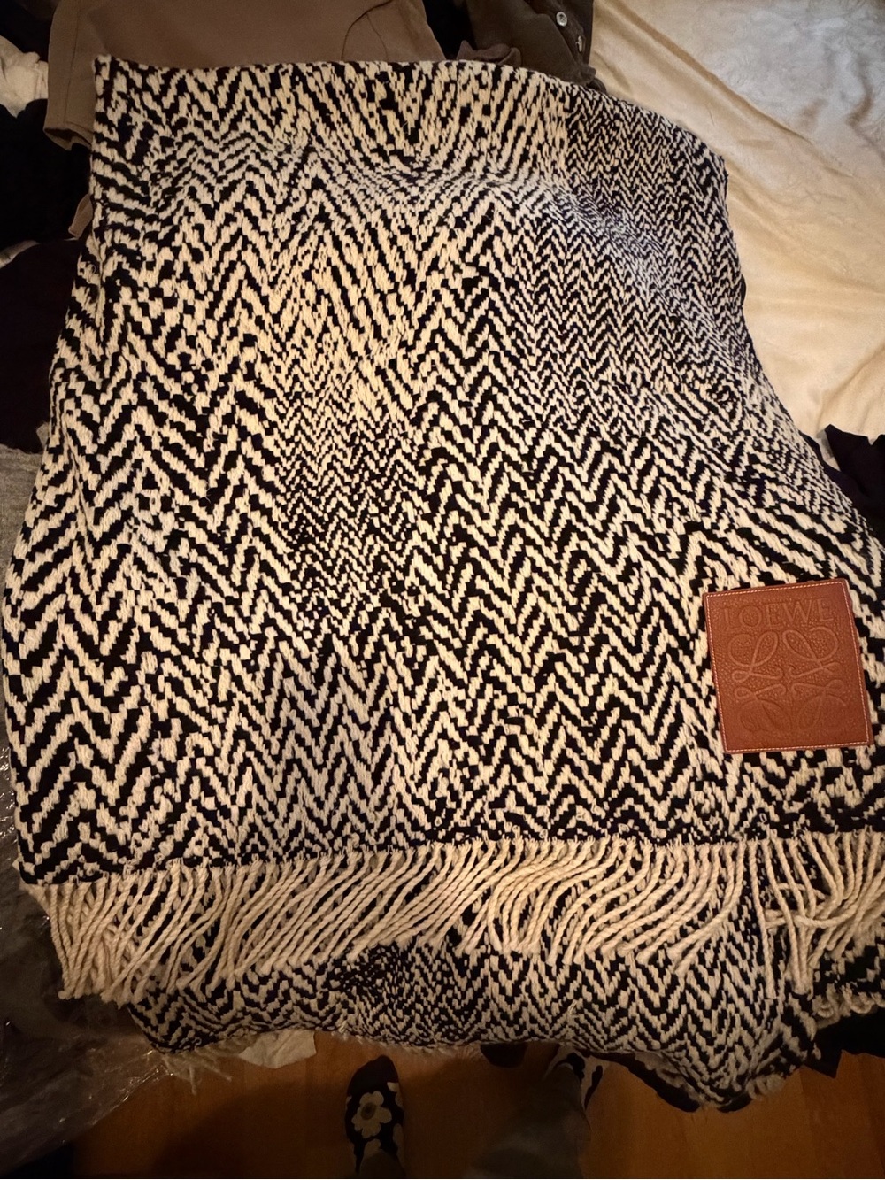Loewe Black & Cream Zigzag Fringe Throw with Leather Logo